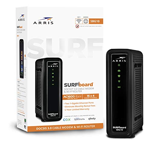 ARRIS SURFboard SBG10 DOCSIS 3.0 Cable Modem & AC1600 Dual Band Wi-Fi Router, Approved for...